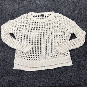 Express Womens Cream Open Knit Crochet Sweater Long Sleeve Mesh Pullover Medium